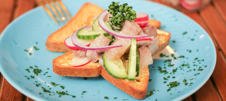 Haring op toast met radijs en komkommer