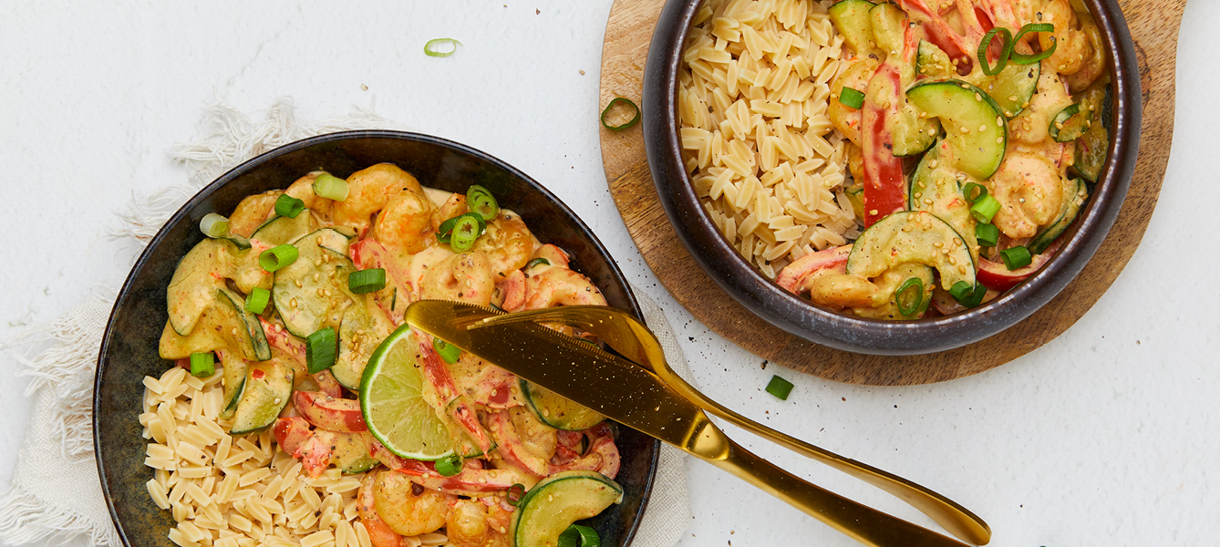 Curry met garnalen en risoni
